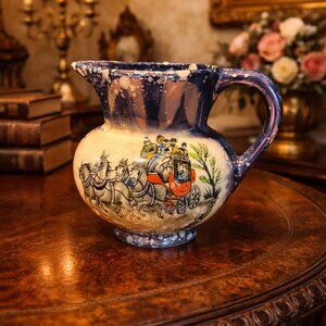 Victorian ceramic mini pitcher horse and stagecoach scene blue speckle glaze